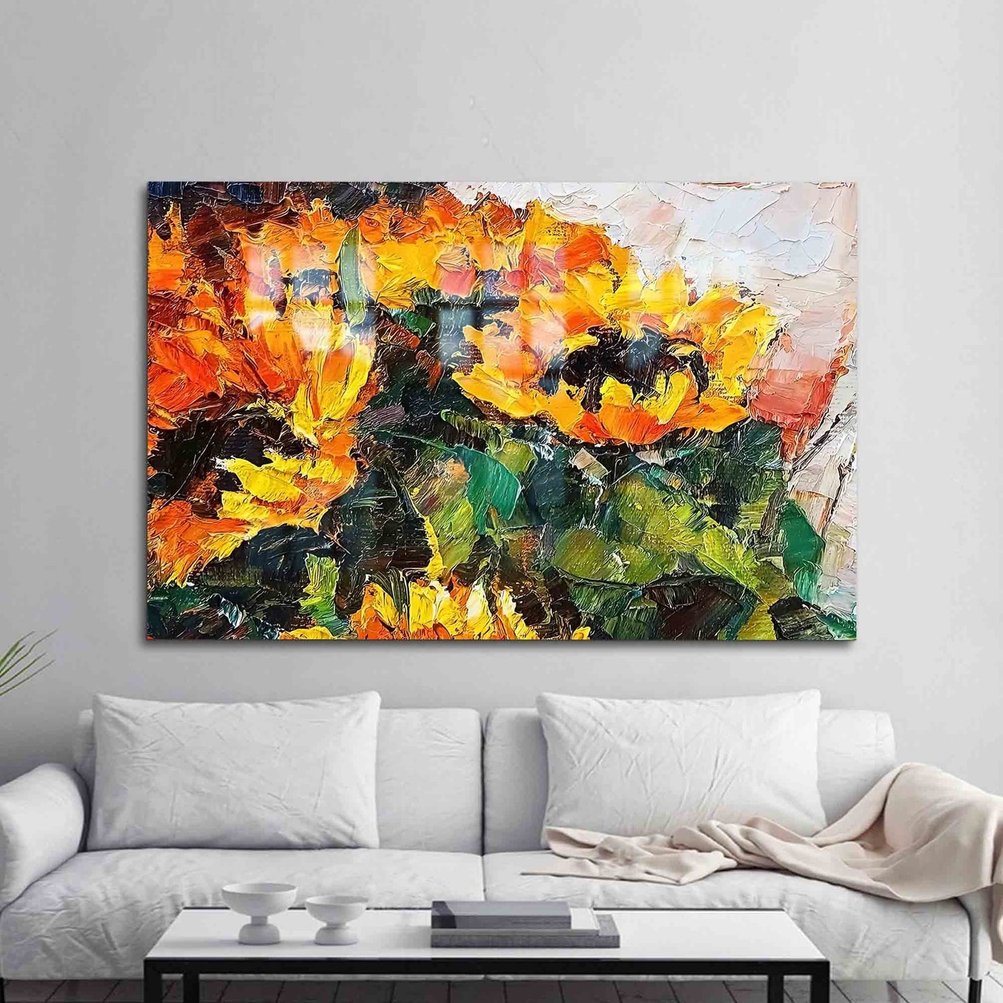 Bouquet Sunflower Oil Painting Glass Wall Art