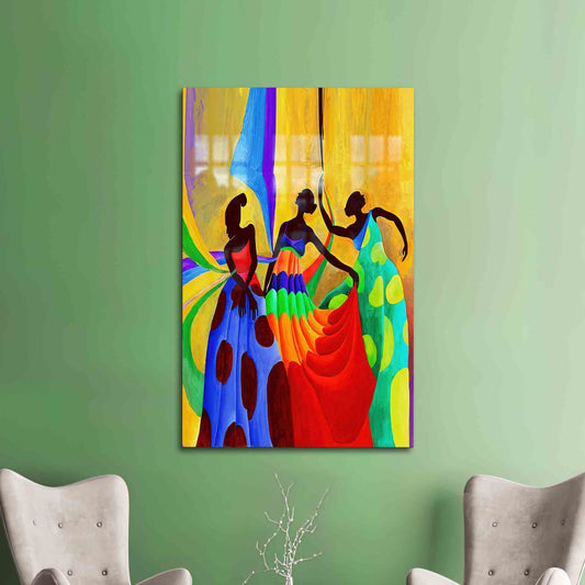 African Women Dancers Wall Art, Colorful Abstract Tempered Glass Home Decor,
