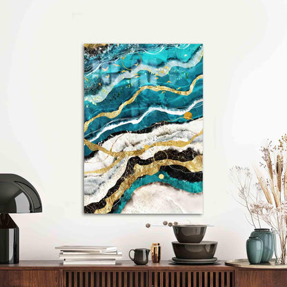 Blue Gold Marble Accents Glass Wall Art