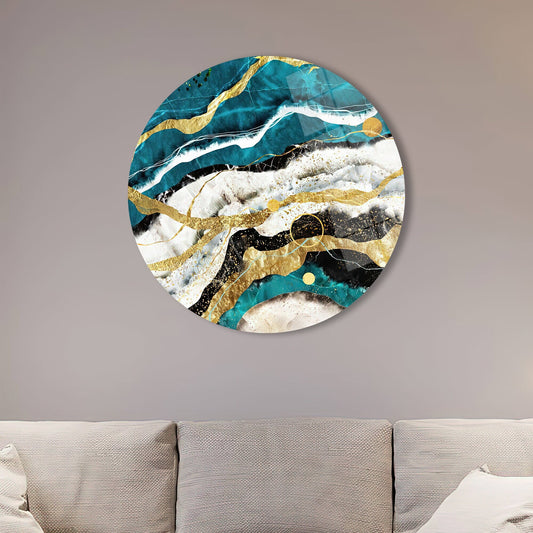 Blue Glass Wall Art with Gold Marble Accents - Tempered Glass Decor