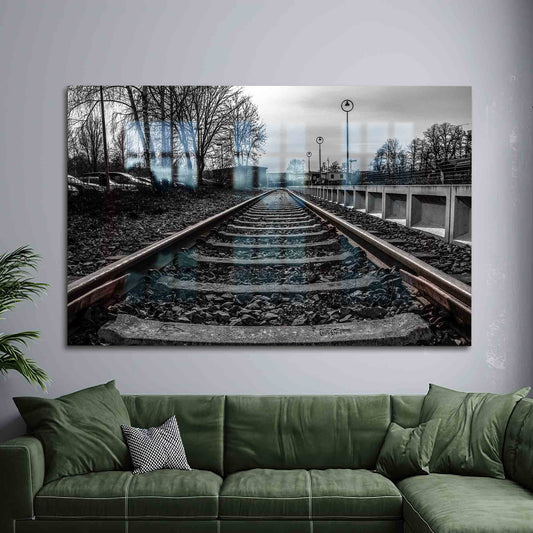 Vintage Railway Tempered Glass Wall Art - Nostalgic Train Track Decor