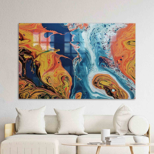 Blue Tempered Glass Wall Decor, Abstract Orange and Blue Glass Art