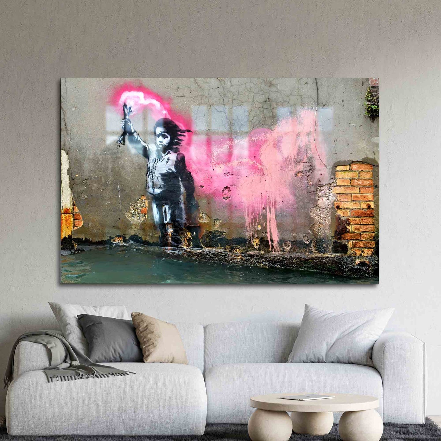 Pink Banksy Migrant Child Glass Wall Art