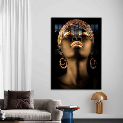Black Woman Gold Accents Glass Wall Art