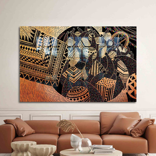 Geometric Glass Wall Decor with Africa Pattern Graffiti Art