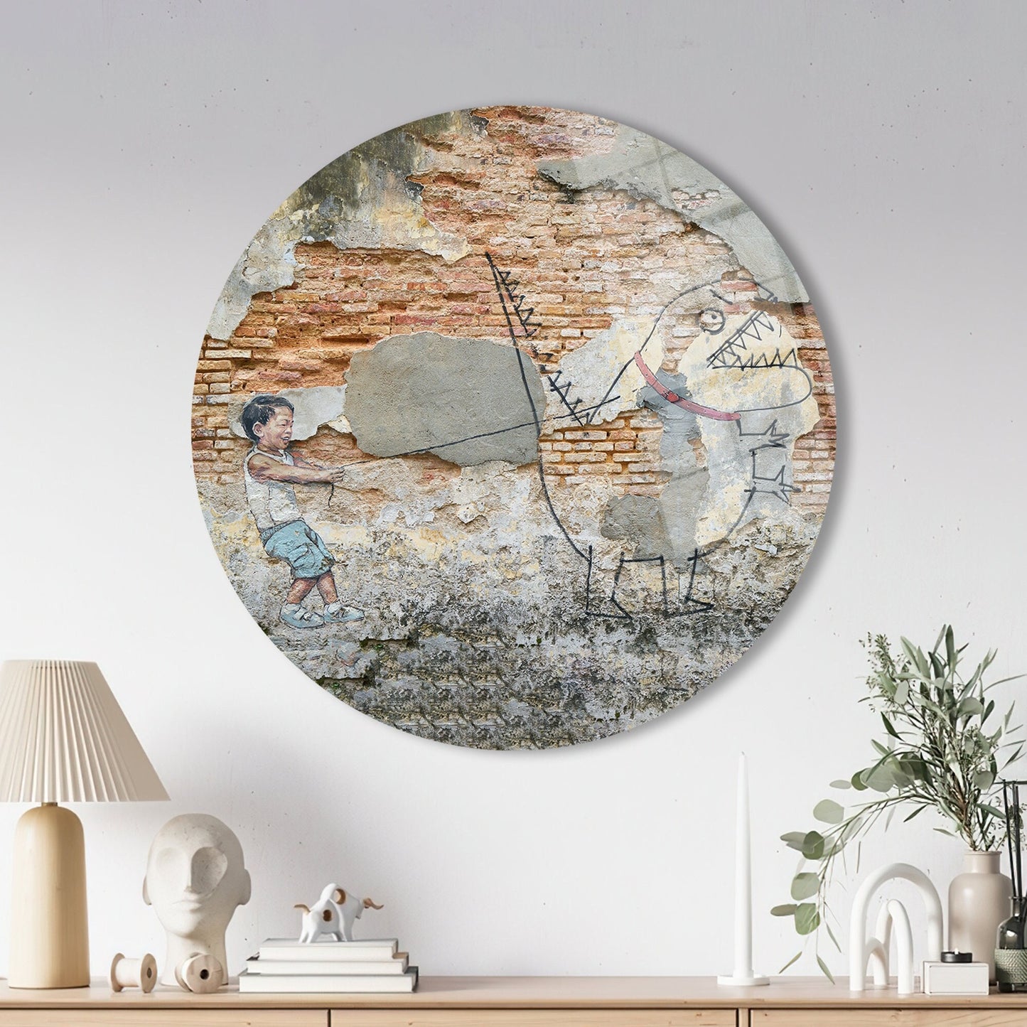 Little Boy Pet Dinosaur Glass Wall Art