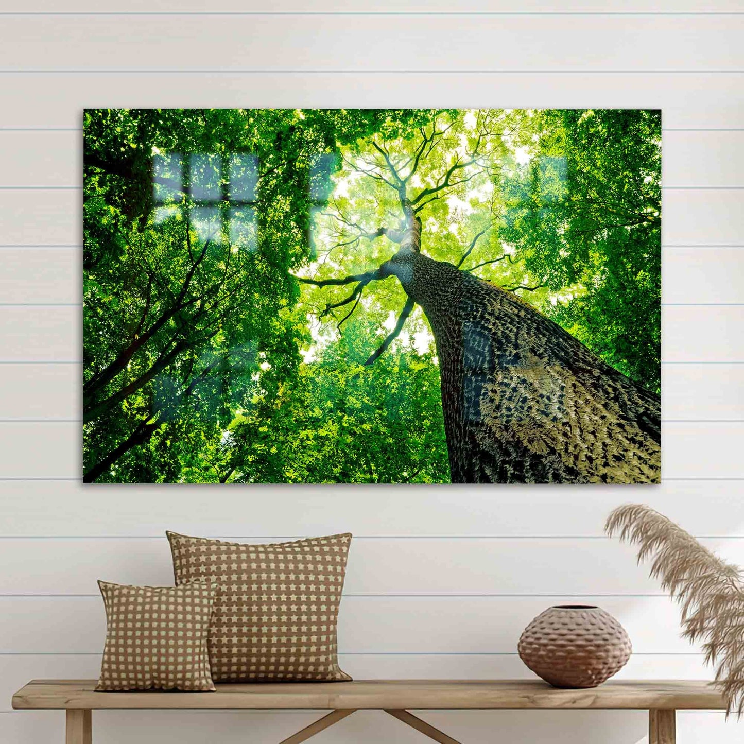 Green Old Tree Design Glass Wall Art