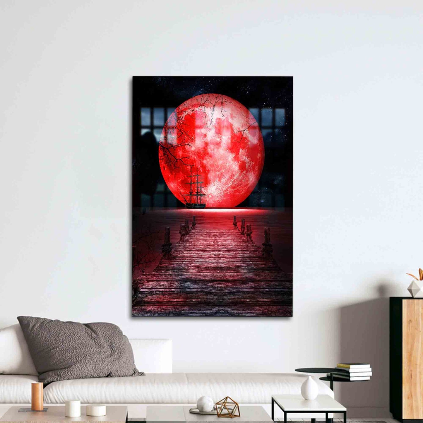 Red Moon Stunning Sea Glass Wall Art