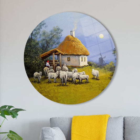 Elegant Glass Wall Art with Village Landscape and Animal Print