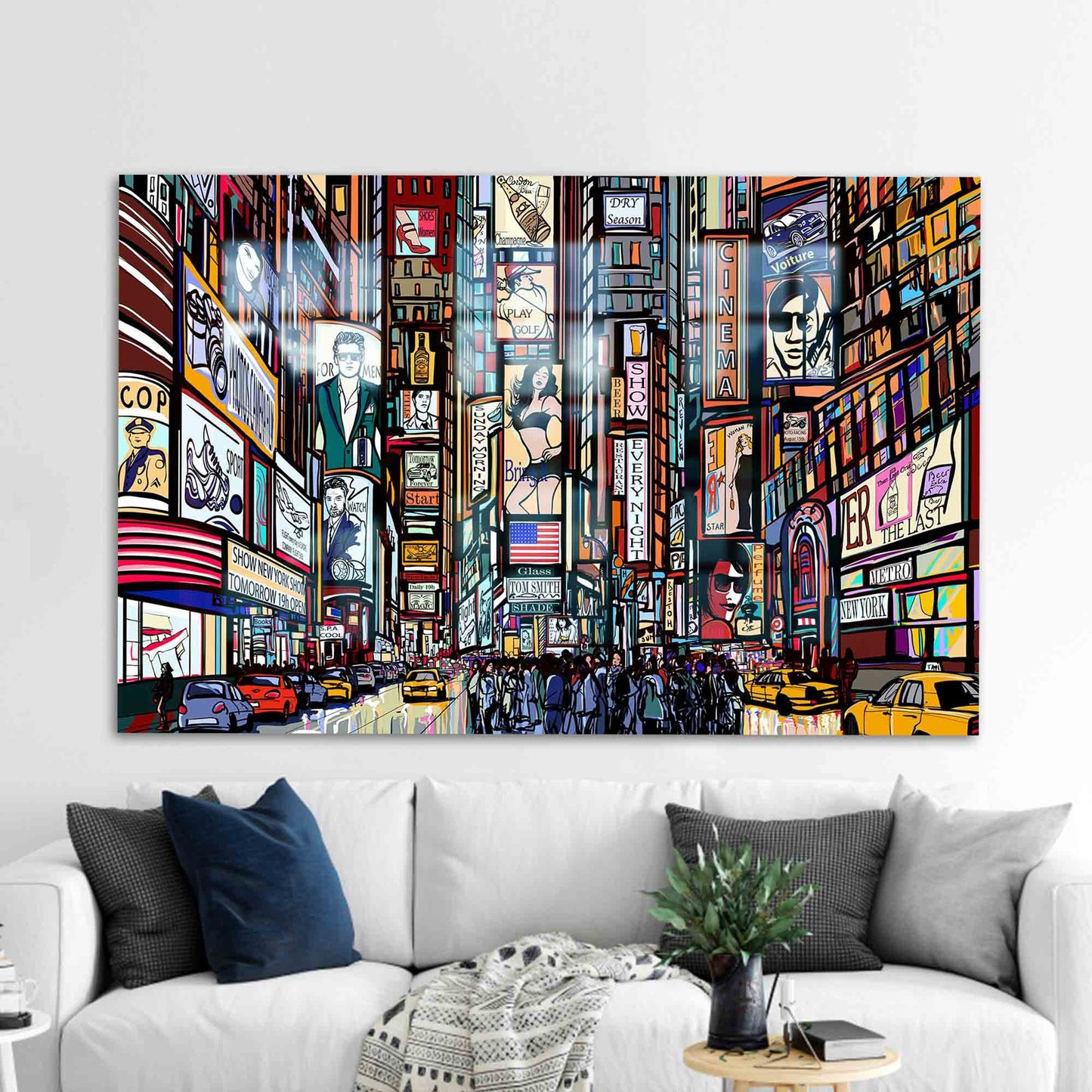 New York Street Illustration Glass Wall Art