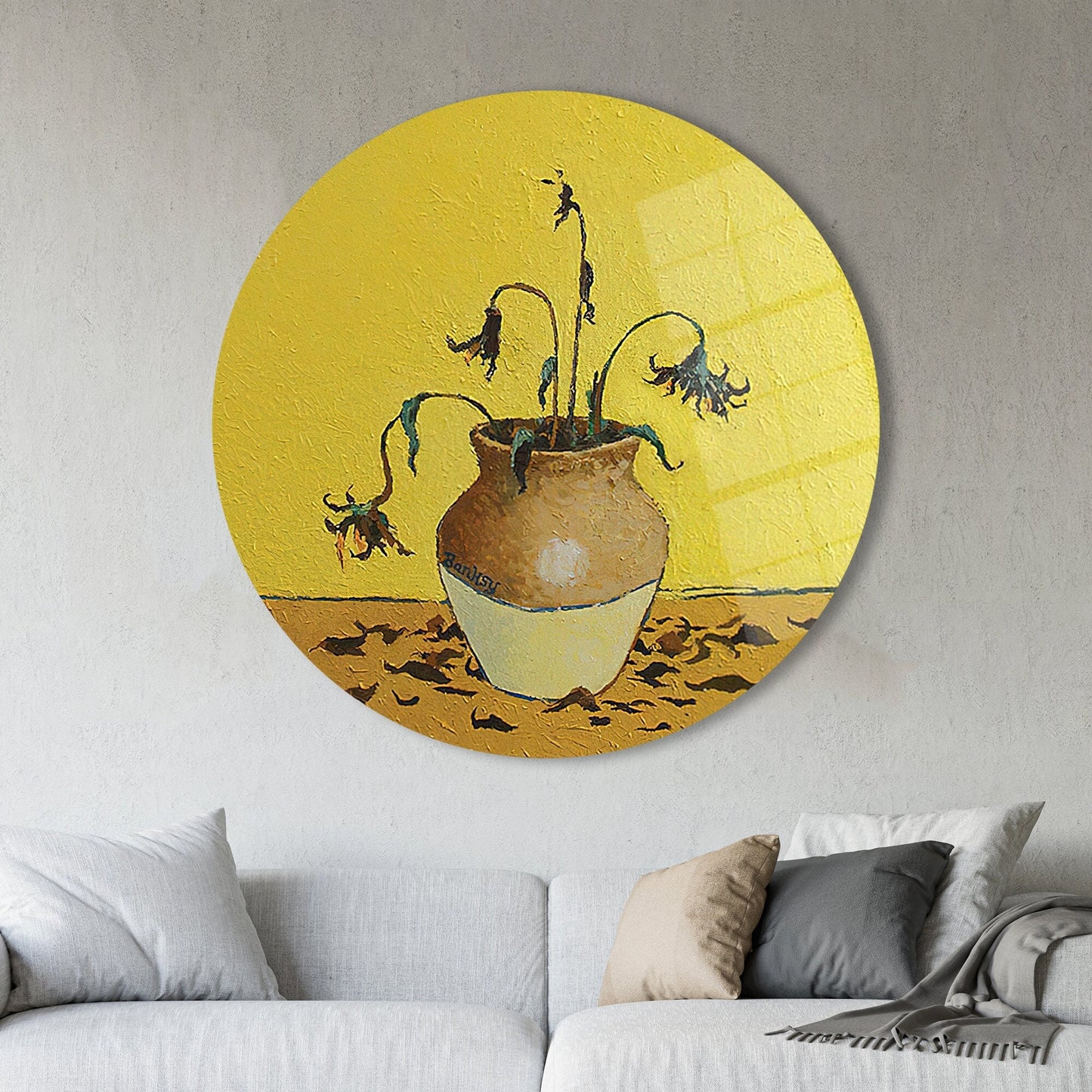 Graffiti Banksy Sunflower Painting Glass Wall Art