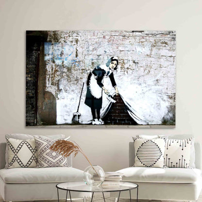 Abstract Wall Art: Banksy Maid Graffiti Tempered Glass Decor