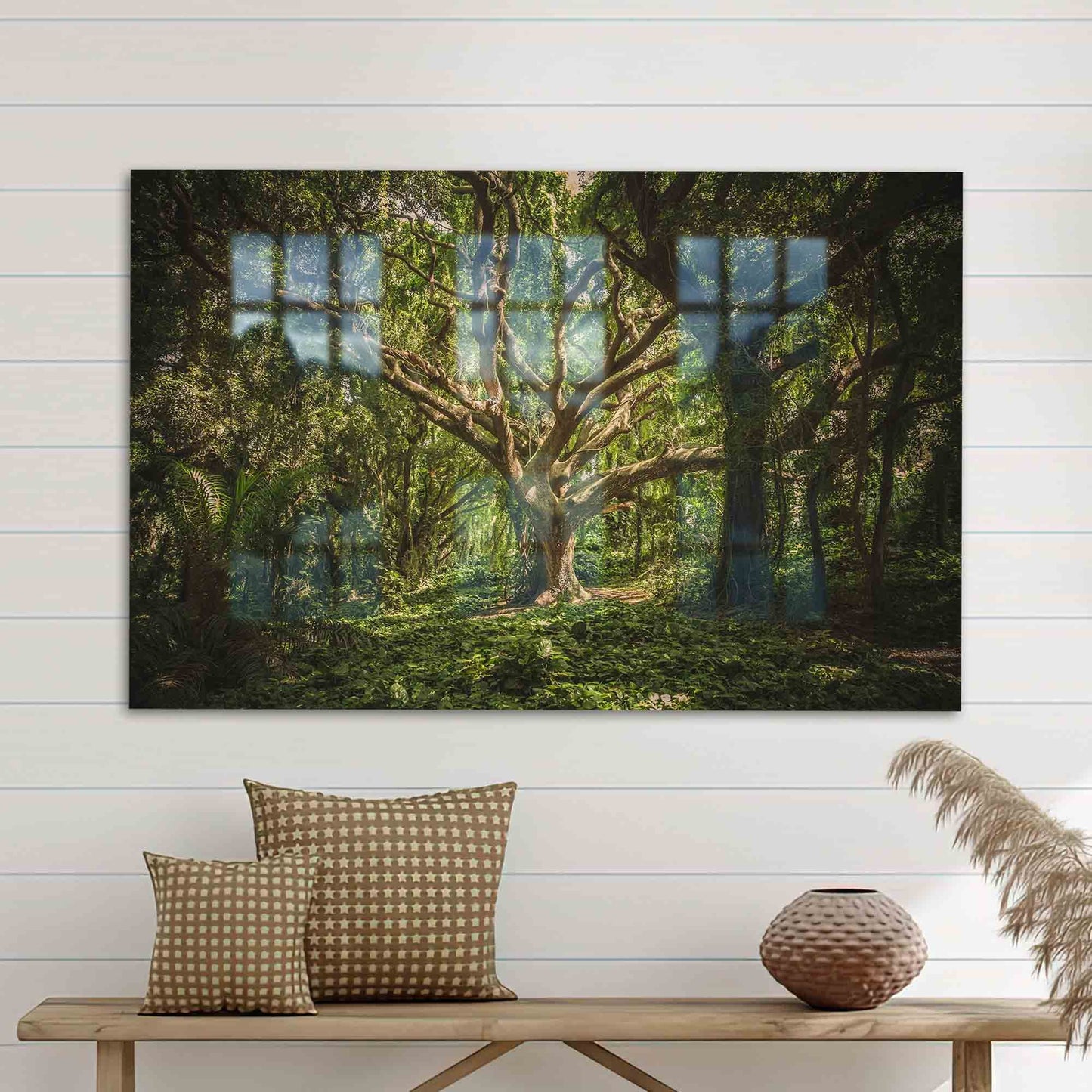 Green Nature-inspired Printing Forest Glass Wall Art