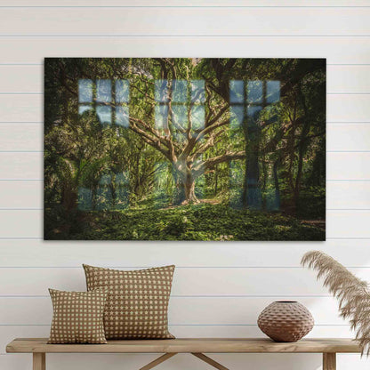 Green Nature-inspired Printing Forest Glass Wall Art