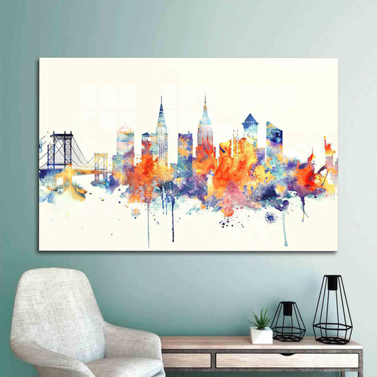 Colorful New York Skyline Glass Wall Decor - Landmark Glass Print