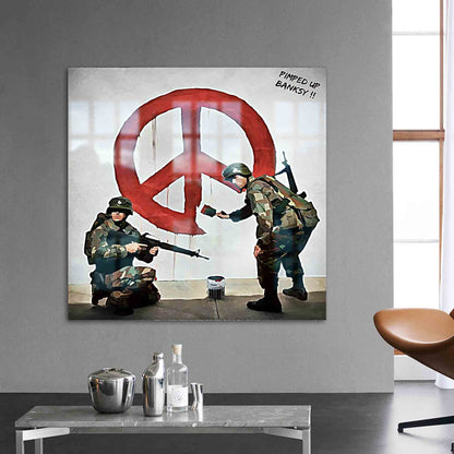 Banksy Two Soldier Painting Glass Wall Art