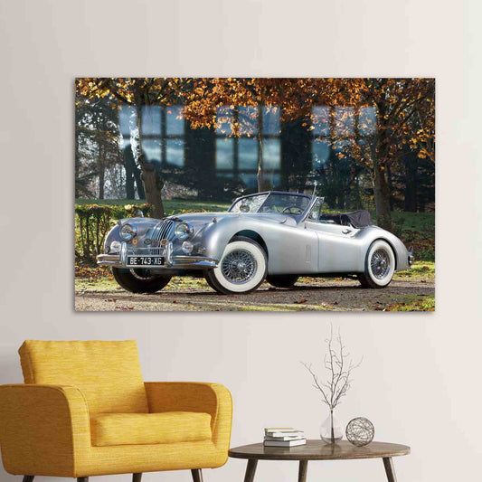 Vintage Car Glass Wall Decoration: 1954 Jaguar Mural Art