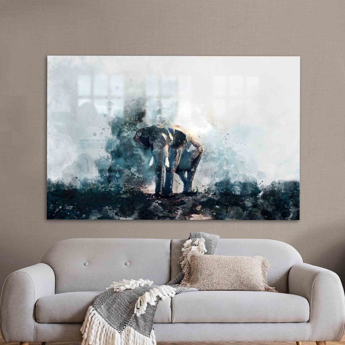 Elephant Watercolor Painting Glass Wall Art