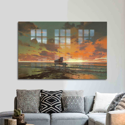 Seaside Piano Beach Landscape Glass Wall Art