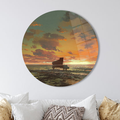 Seaside Piano Beach Landscape Glass Wall Art