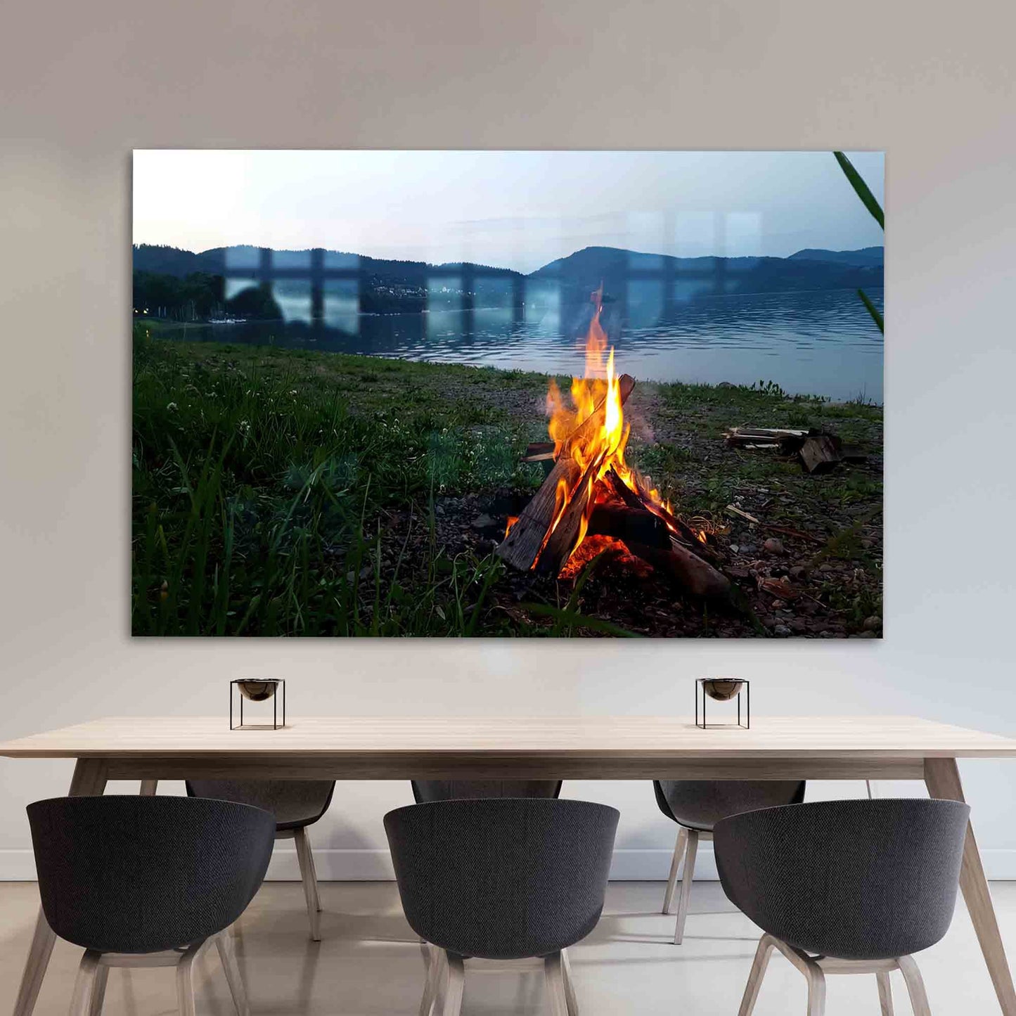 Summer Campfire Lake at Glass Wall Art