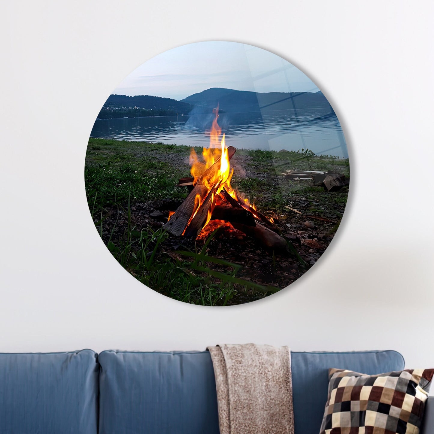 Summer Campfire Lake at Glass Wall Art