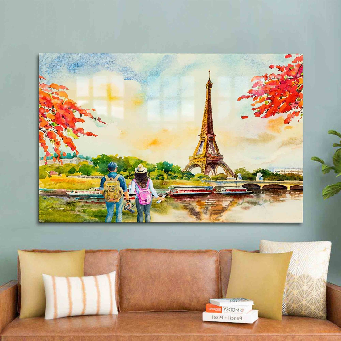 Lovers Watching Eiffel Glass Wall Art
