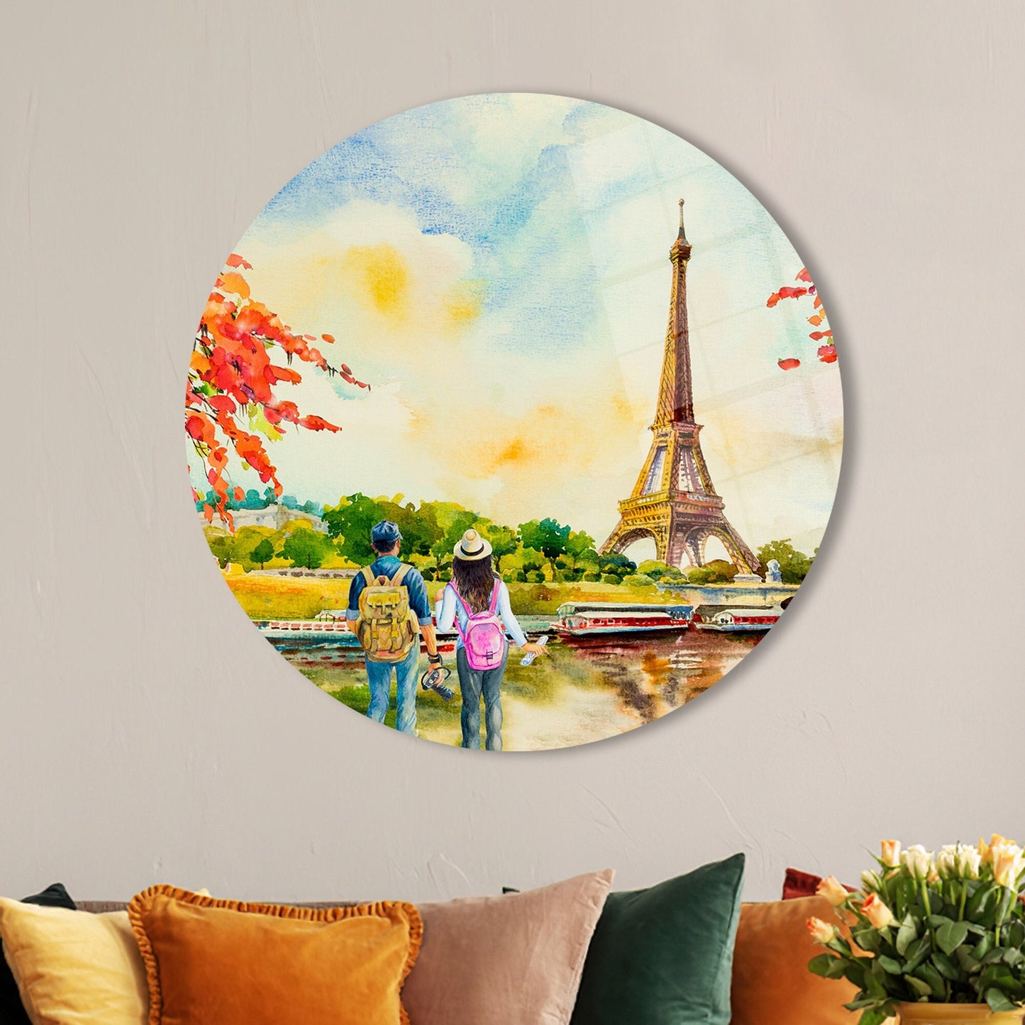 Lovers Watching Eiffel Glass Wall Art