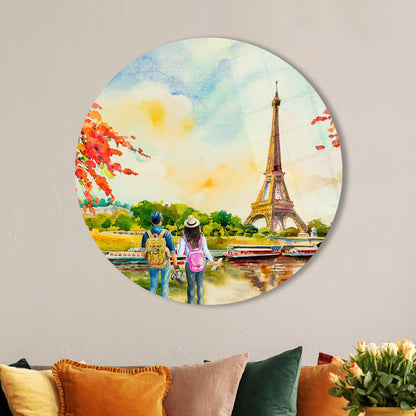 Lovers Watching Eiffel Glass Wall Art