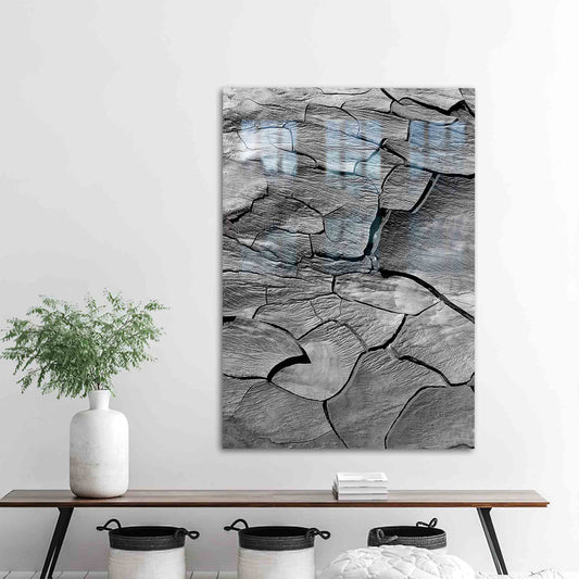 Gray Tempered Glass Wall Decor: Cracks On A Dry Land Landscape Print
