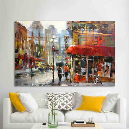 Abstract Rainy Day Wall Art: Tempered Glass City Oil Painting Print