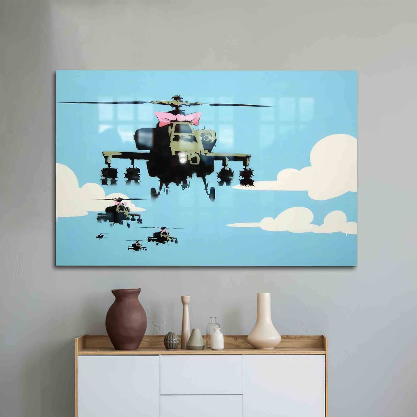 Helicopter Graffiti Banksy Street Glass Wall Art