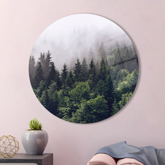 Misty Mountain View Tempered Glass Wall Decor, Farmhouse Misty Forest Glass Wall Art