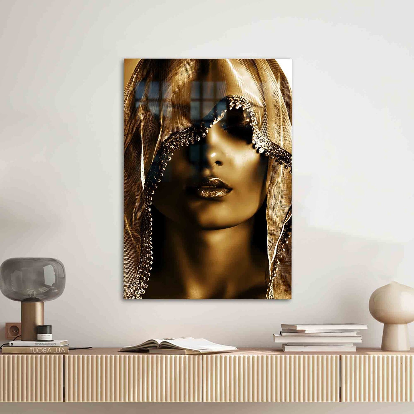 Golden Woman Portrait Glass Wall Art