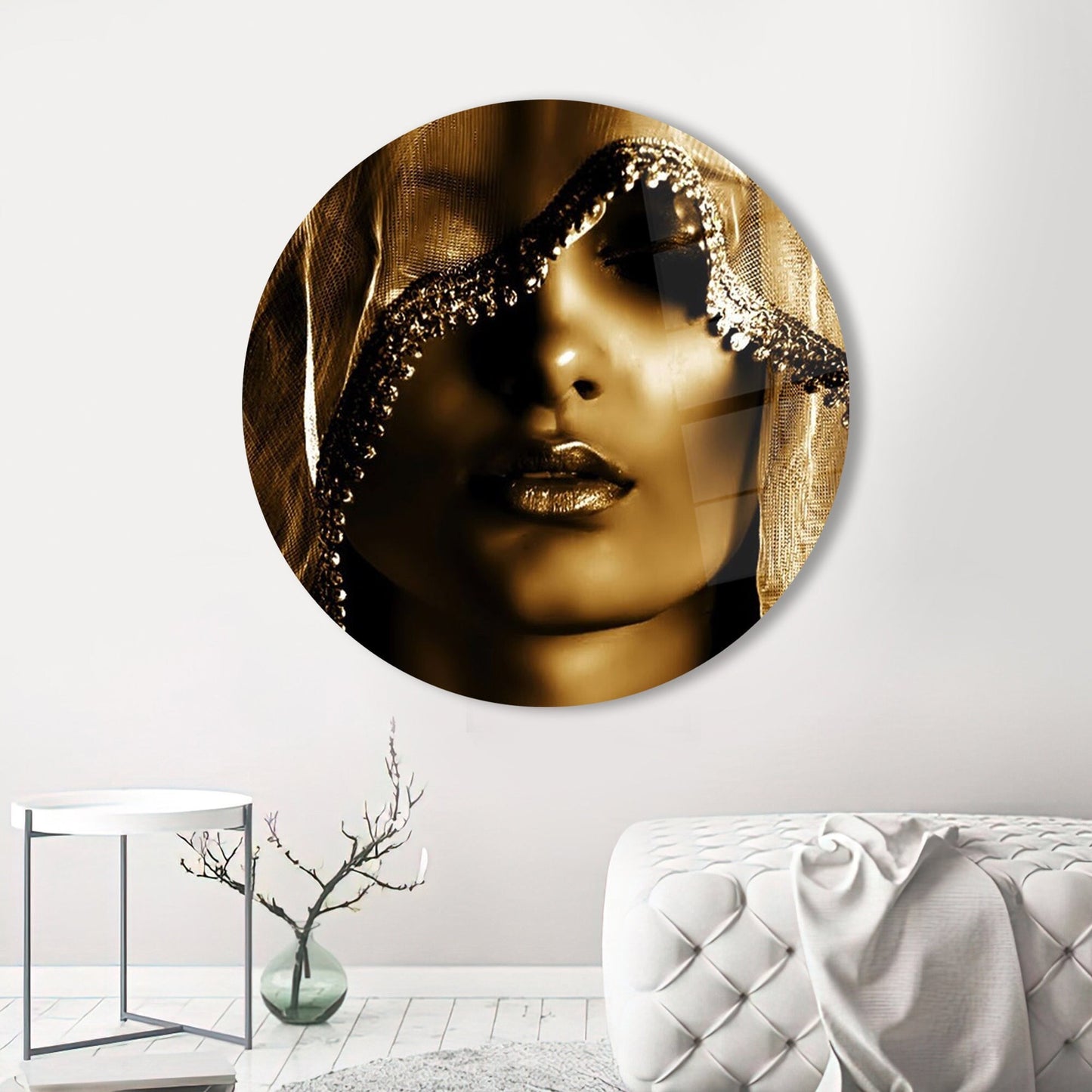 Golden Woman Portrait Glass Wall Art
