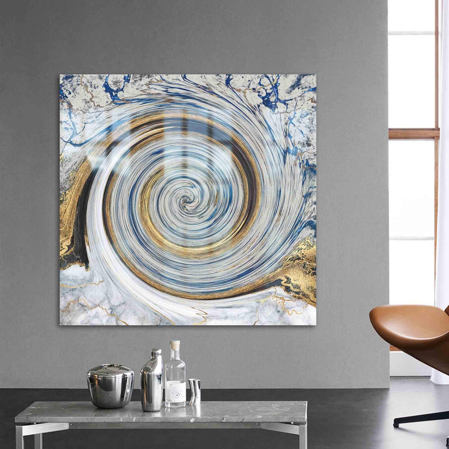 Blue Gold Marble Accents Glass Wall Art