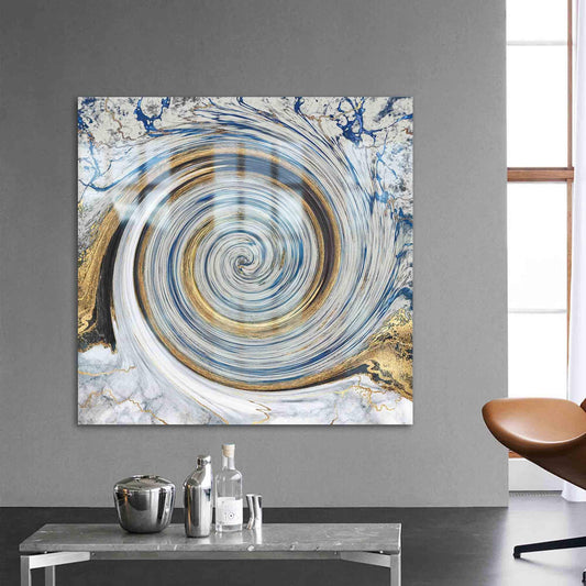 Blue Tempered Glass Art with Gold Marble Accents - Luxury Wall Decor