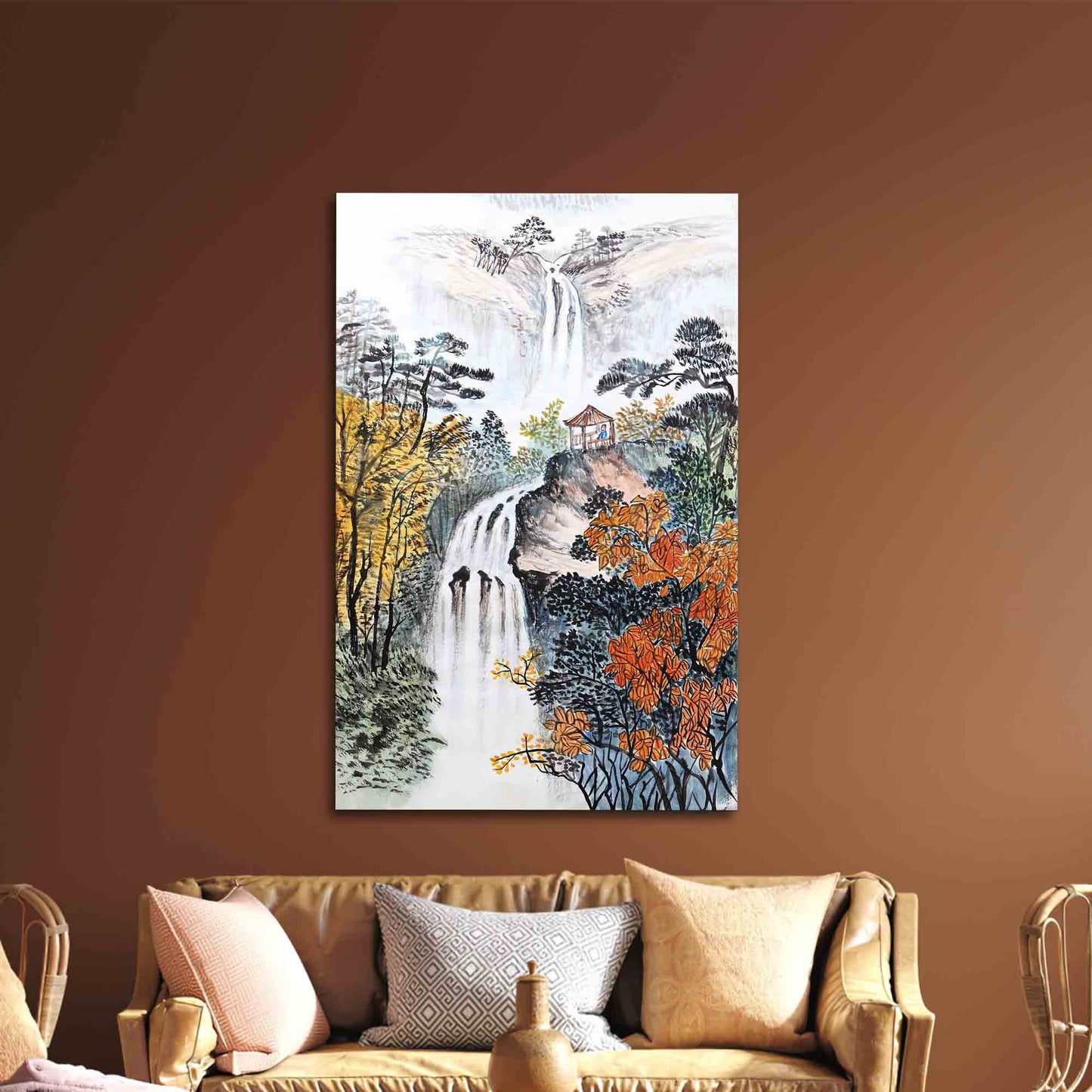 Autumn Waterfall Landscape Glass Wall Art