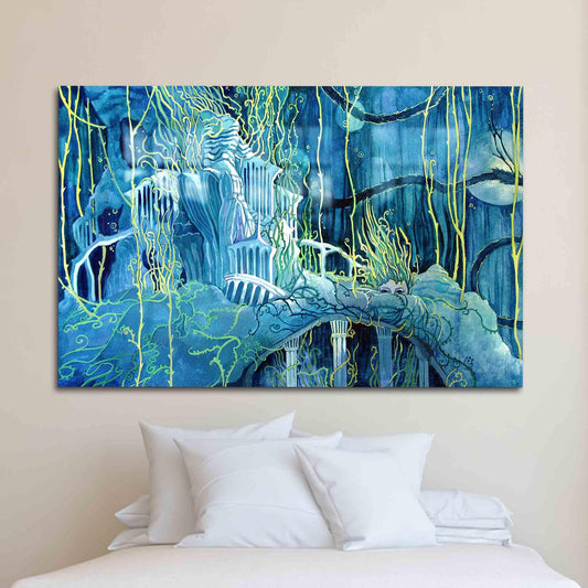 Abstract Seascape Tempered Glass Wall Art - Underwater Ruins Glass Decoration