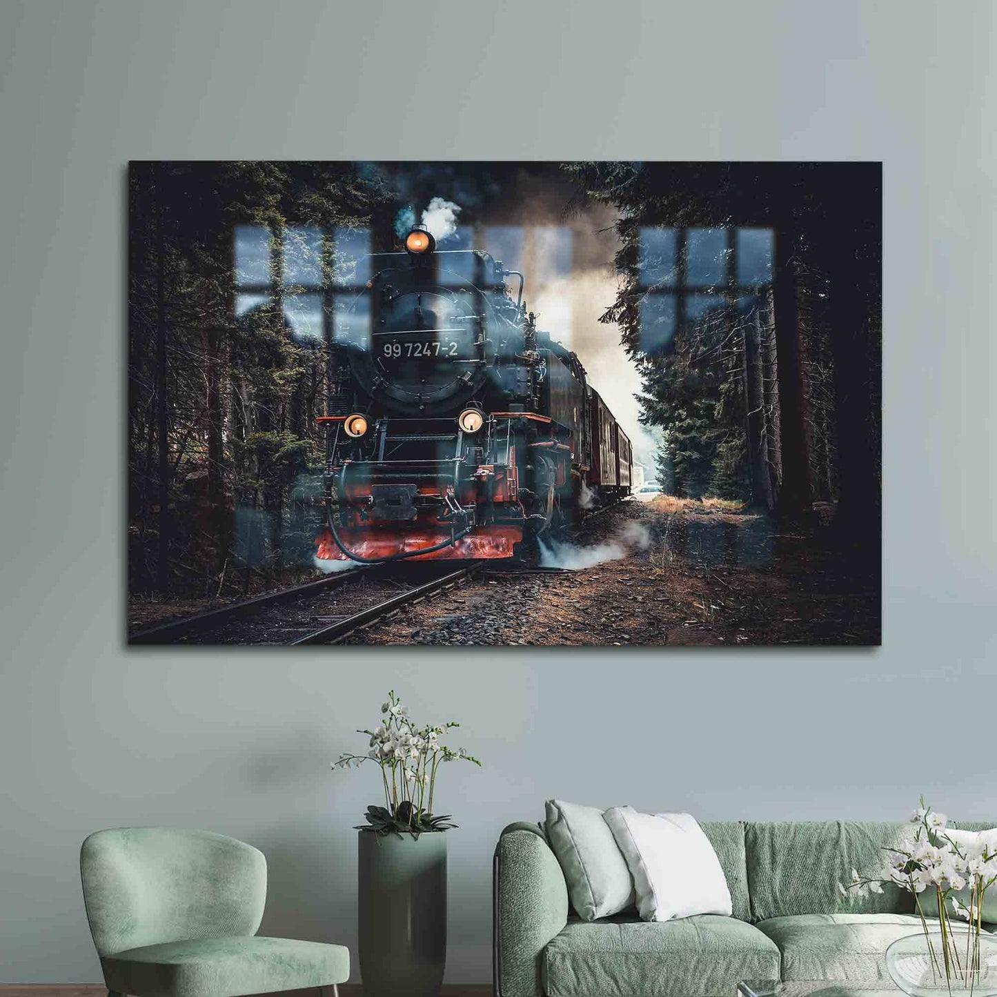 Train Landscape Road Glass Wall Art