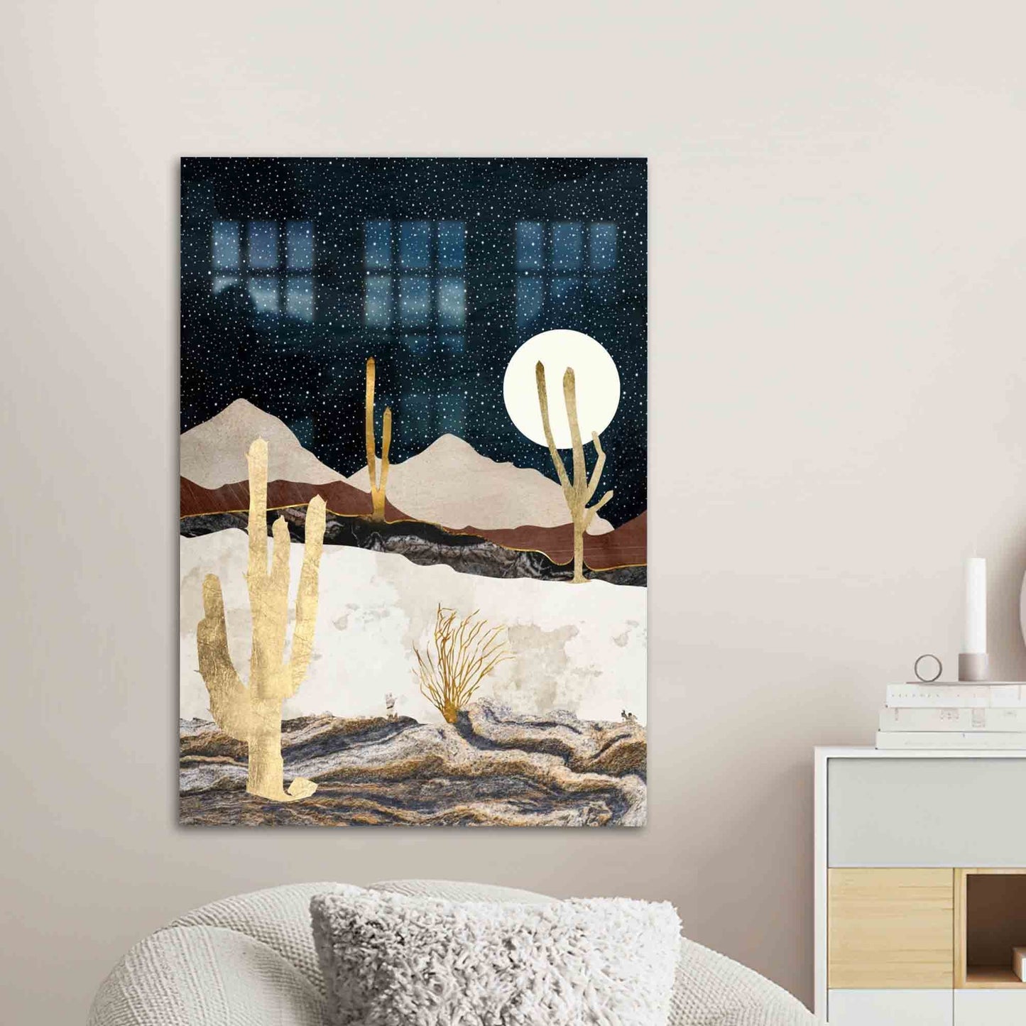Abstract Desert Landscape Glass Wall Art, Starry Sky View Night Decoration