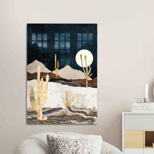 Abstract Desert Landscape Glass Wall Art, Starry Sky View Night Decoration