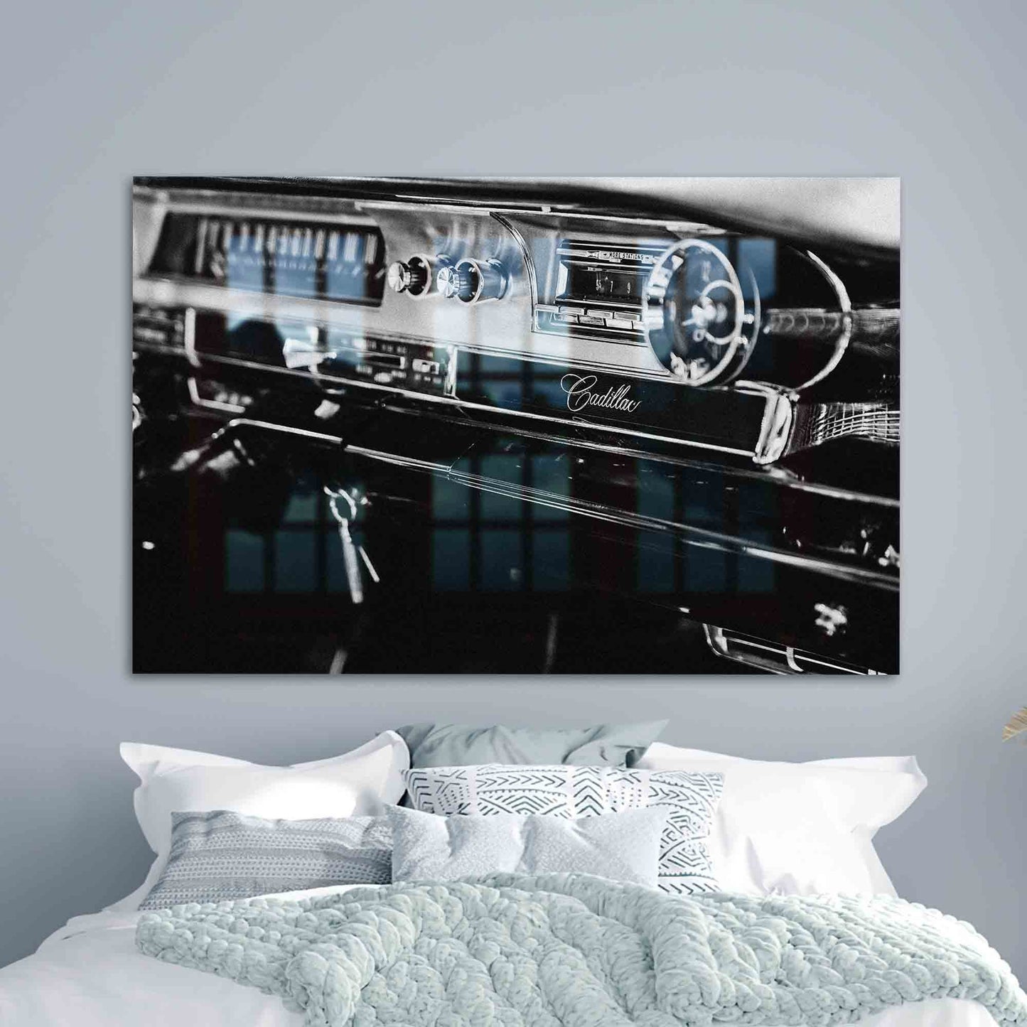 Antique Cadillac Black and White Poster on Tempered Glass - Vintage Car Wall Art