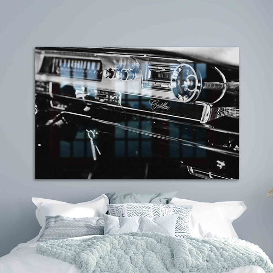 Antique Cadillac Black and White Poster on Tempered Glass - Vintage Car Wall Art