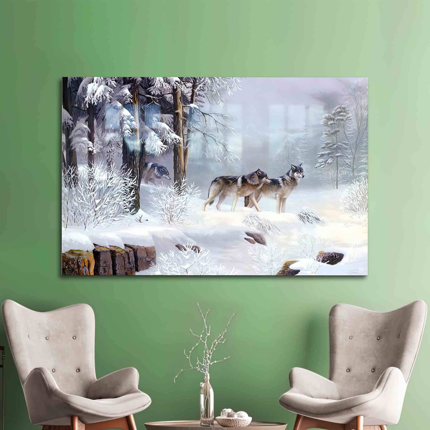 Three Wolf Forest Landscape Glass Wall Art