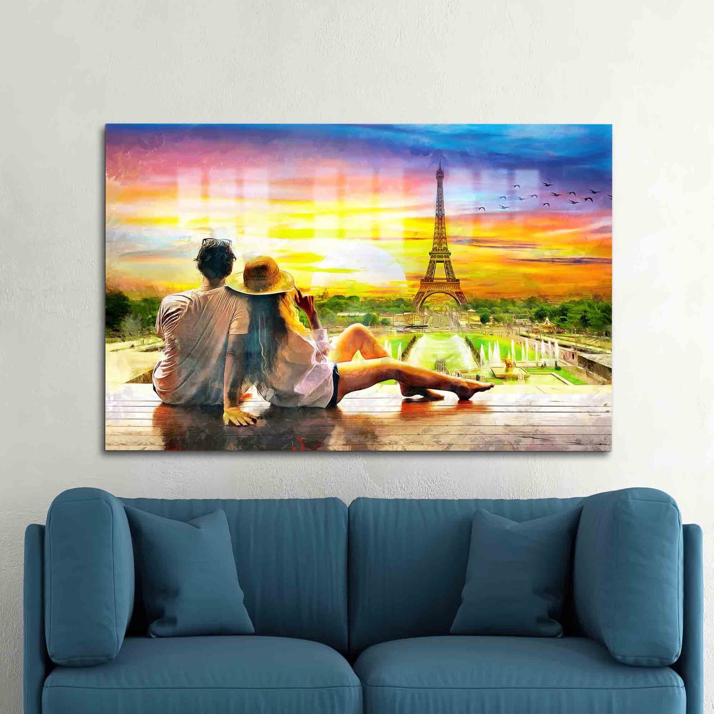 Romantic Couple Watching Eiffel Glass Wall Art