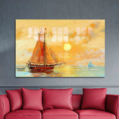 Sunset Landscape Fishing Boats Glass Wall Art