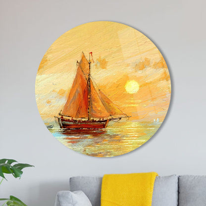 Sunset Landscape Fishing Boats Glass Wall Art