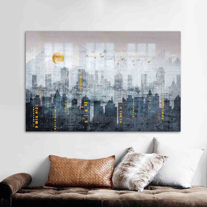 Gray Golden Birds Glass Wall Art