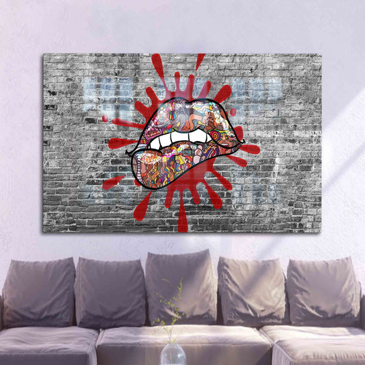 Contemporary Tempered Glass Wall Decor with Colorful Lip Graffiti